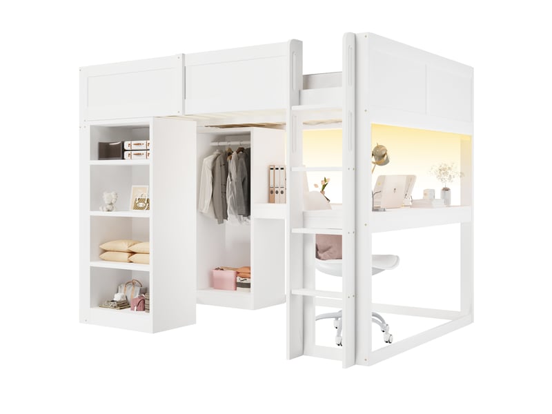  Lit mezzanine 140x200 cm, avec matelas non inclus, bureau en l, dressing, led, rangements, pin et mdf, blanc  - Conforama A