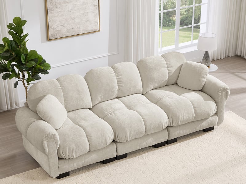  Canapé droit 3 places cloud, incluant 2 petits coussins décoratifs, dossier ergonomique, 260x86x90cm, kaki clair  - Conforama B