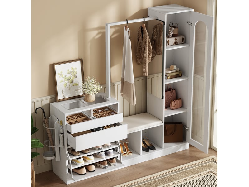 Ensemble d'entrée 163x35x161 cm avec led, vitrine, meuble à chaussures et miroir, aggloméré, pour salon, chambre, blanc - Conforama E