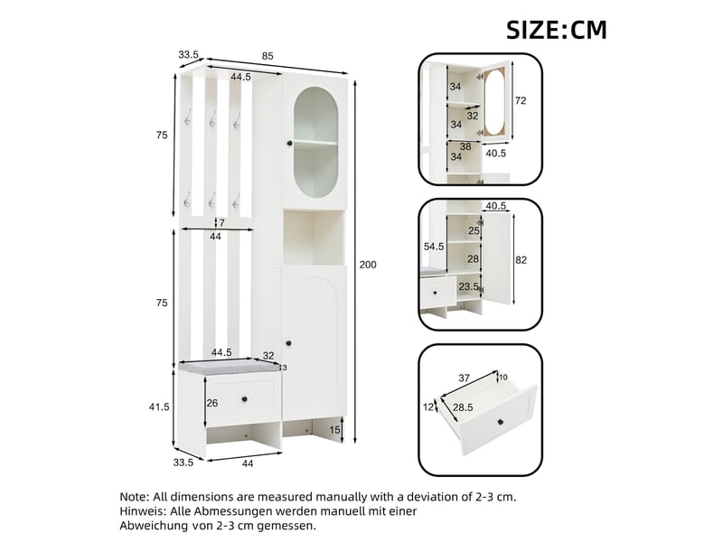 Portemanteau avec banc et rangement 85 x 200 cm en panneau de particules blanc  - Conforama C