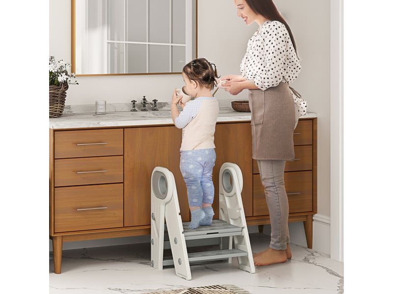  Marche pied pour enfant 3 marches, marchepied de cuisine pour enfant, pliable, gris, hauteur ajustable de 2 à 3 marches  - Conforama D