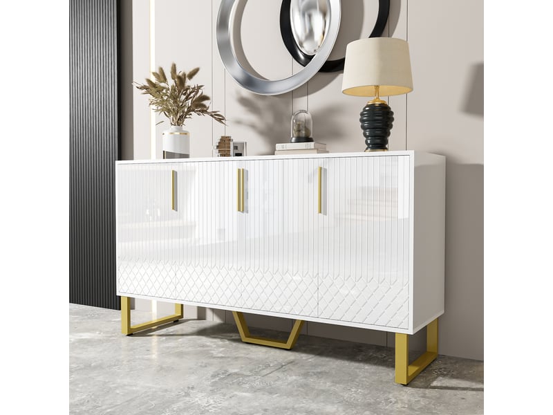  Buffet 4 portes mdf blanc brillant 140x40x80 cm à pieds et poignées en métal  - Conforama C