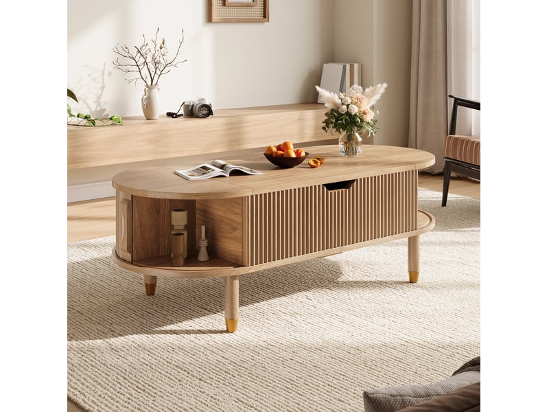  Table basse ovale relevable 110 x 48 cm en mdf, rangement et portes coulissantes  - Conforama E
