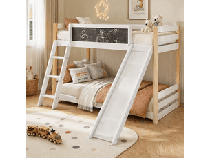 Lit superposé enfant 90x20090x190 cm, 2 couchages, toboggan modulable, escalier, garde-corps intégral, tableau, structure en bois blanc