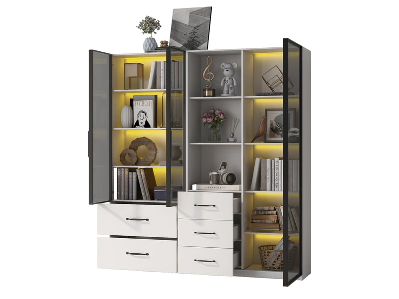  Vitrine led blanche 140x40x160 cm, bibliothèque avec portes en verre et tiroirs, éclairage multicolore, meuble de rangement  - Conforama R