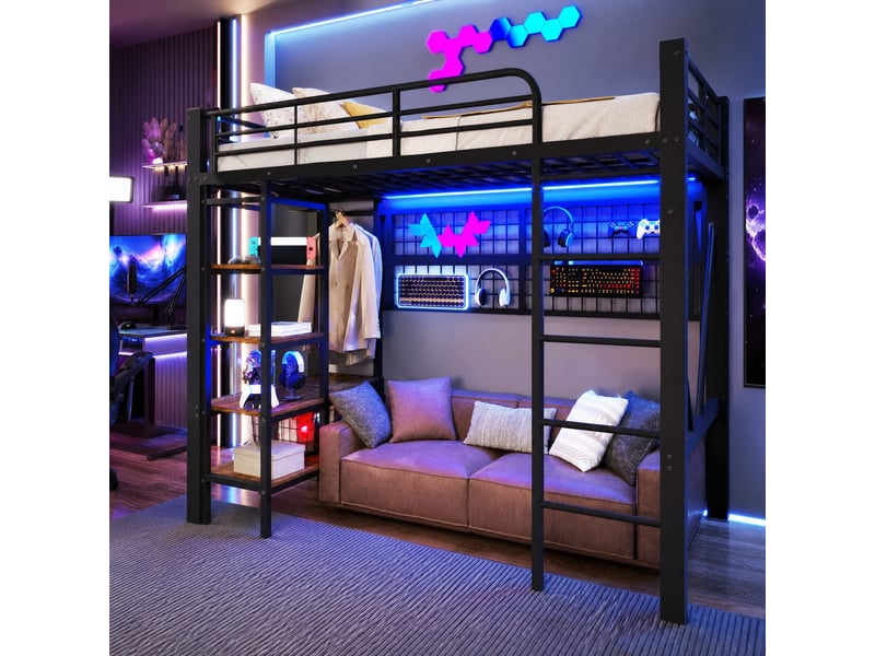  Lit mezzanine 90x200 cm avec éclairage led et rangements en métal et mdf noir  - Conforama C