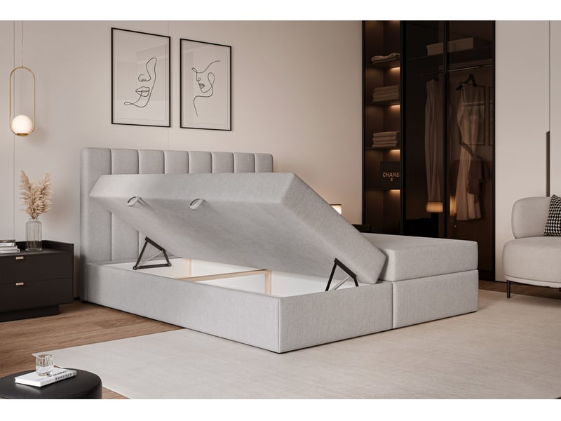  Lit coffre leo - 160x200 cm - avec matelas et surmatelas - tissu tissé chiné - gris LEO - Conforama D