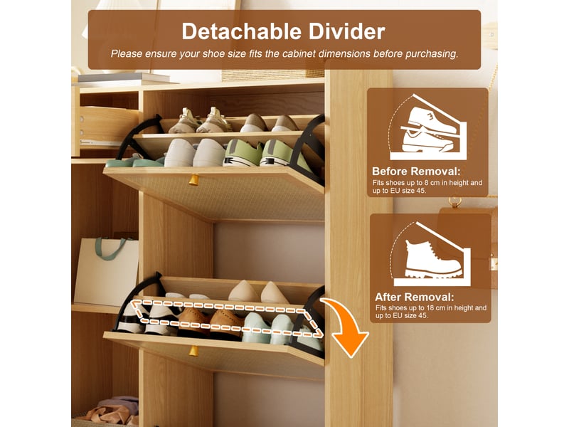  Meuble à chaussures 3 abattants 1 tiroir 1 porte effet rotin naturel 80.5x25x125 cm N657P468982N - Conforama E
