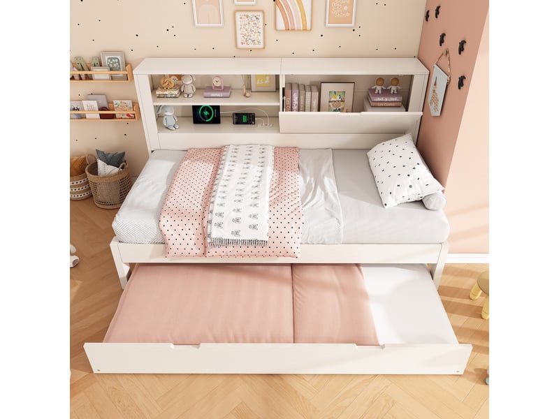  Lit gigogne 90x200 cm, tête de lit avec rangement, couchage gigogne, usb et usb-c, sommier à lattes pour chambre - blanc  - Conforama B