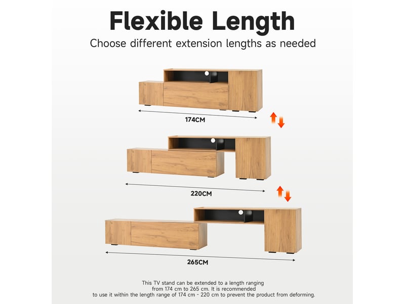  Ensemble meuble tv extensible 174-265 cm – chêne et noir – rangement intégré, à poser ou mural pour grand écran  - Conforama C