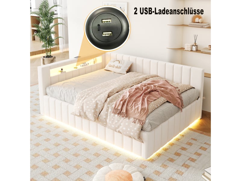  Lit coffre rembourré 2 places 140x200 cm avec rangement hydraulique, led, usb, tête de lit et dossier rembourrés sommier à lattes, velours beige clair  - Conforama E