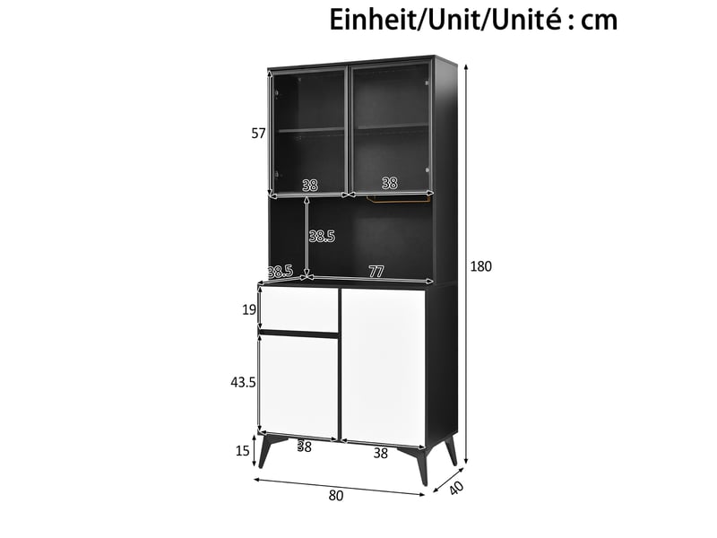  Vitrine 4 portes 1 tiroir avec led réglable, étagères et porte-verres pour salle à manger en mdf noir et blanc 80 × 40 × 180 cm  - Conforama E