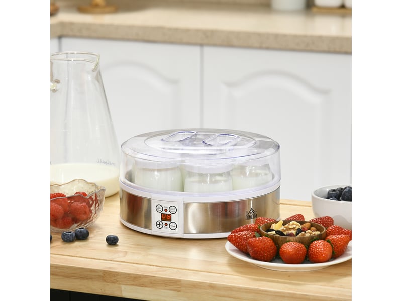  Yaourtière 7 pots de 180ml machine à yaourt électrique en acier inoxydable thermostat réglable blanc 24 x 24 x 13 cm  - Conforama D
