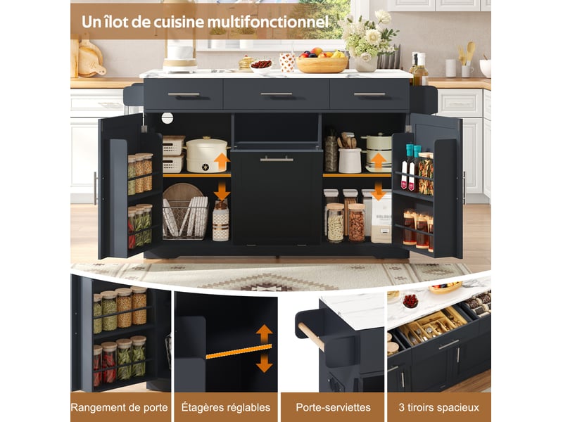  Desserte de cuisine avec 3 tiroirs, 2 portes, poubelle intégrée, prises usb et roulettes, pour cuisine et salle à manger  - Conforama E