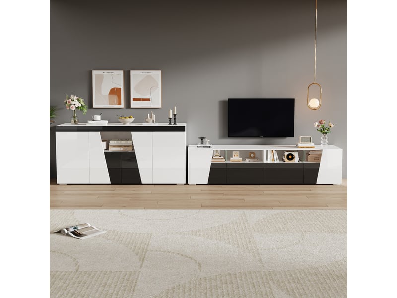  Meuble tv blanc et noir 180x38.5x45 cm avec éclairage led intelligent et rangement  - Conforama R