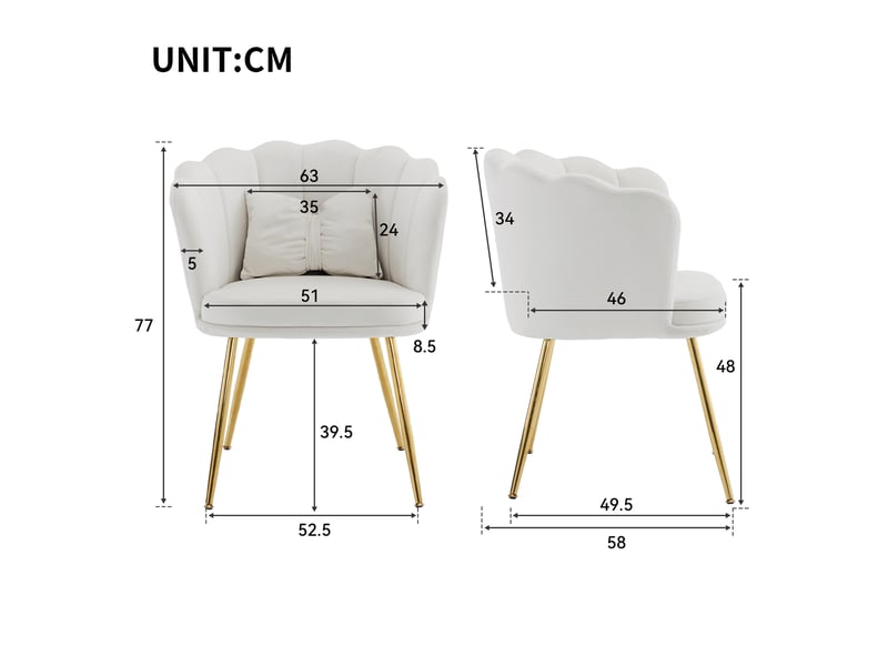  Fauteuil de salon lot de 2 avec dossier pétale, coussins et pieds métalliques dorés en velours beige  - Conforama E