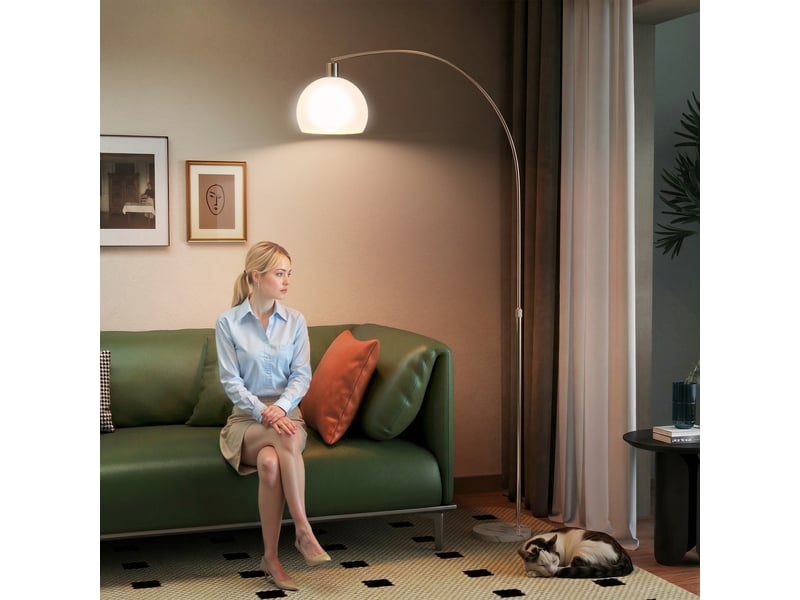  Lampadaire, tête incurvée, interrupteur au pied, base en marbre, abat-jour en plastique, blanc  - Conforama D