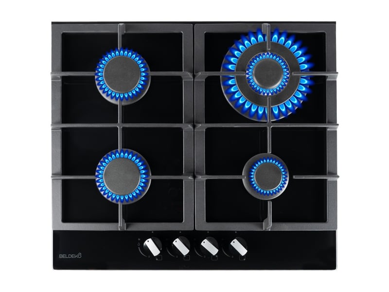 Beldeko - plaque de cuisson gaz verre noir 4 foyers - gaz ville et bouteille - grilles en fonte - 8000 watts - Conforama A