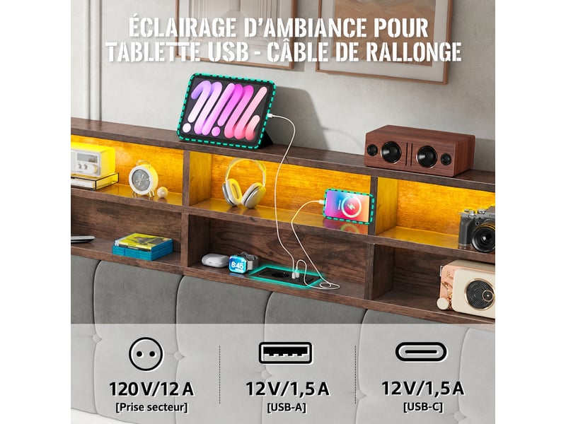  Lit coffre avec rangement,tête de lit 6 compartiments, led et usb-c, gris foncé, 160 x 200 cm  - Conforama E