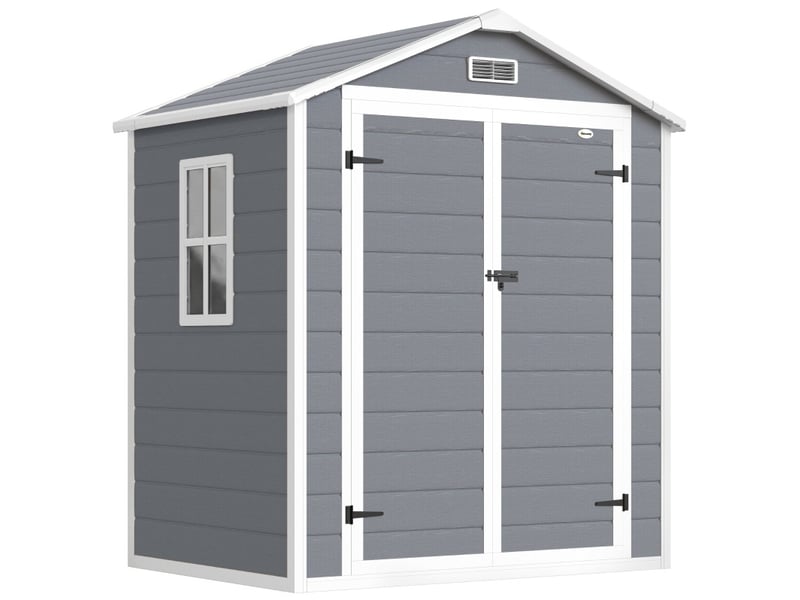  Abri de jardin métal 183x134x210 cm – gris – double porte verrouillable, fenêtre et aération latérale  - Conforama A