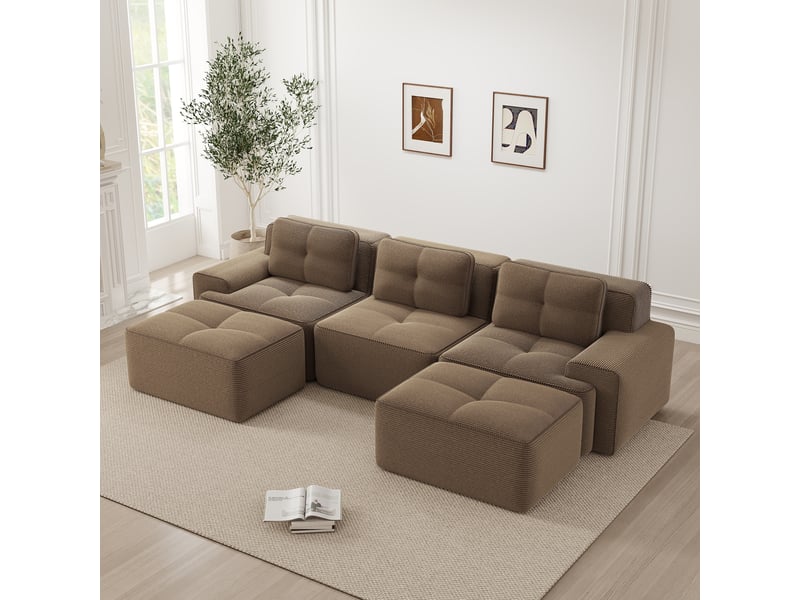  Canapé d'angle, canapé modulable : forme u, 3 places, marron, style cloud, sans cadre, sans montage, en velours tricoté, avec pouf  - Conforama A