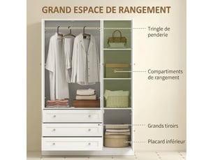 Armoire chambre penderie avec 4 portes, 3 tiroirs, 120 x 50 x 176,5 cm, barre de suspension et étagère réglable, blanc
