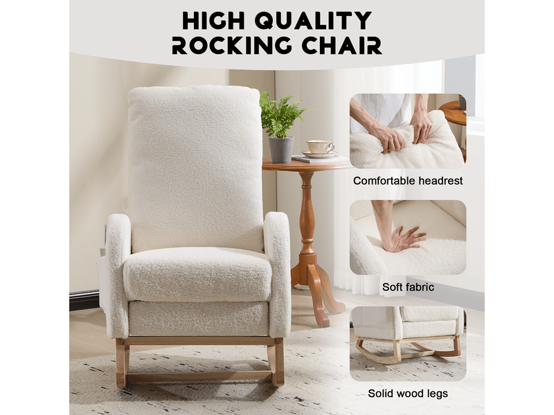 Fauteuil à bascule ergonomique en polaire douce et confortable, avec dossier haut, base en bois incurvée, blanc, réf. T6011p603666 - Conforama E