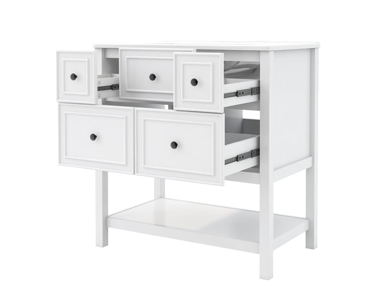  Meuble vasque salle de bain blanc 76 cm avec lavabo céramique intégré, 5 tiroirs et étagères ouvertes  - Conforama E