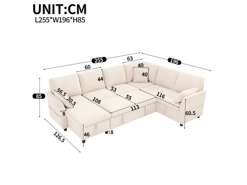  Canapé d'angle en l ou en u – 6 places – avec coffre de rangement – ​​avec ports usbtype-c – avec 3 coussins – beige  - Conforama C