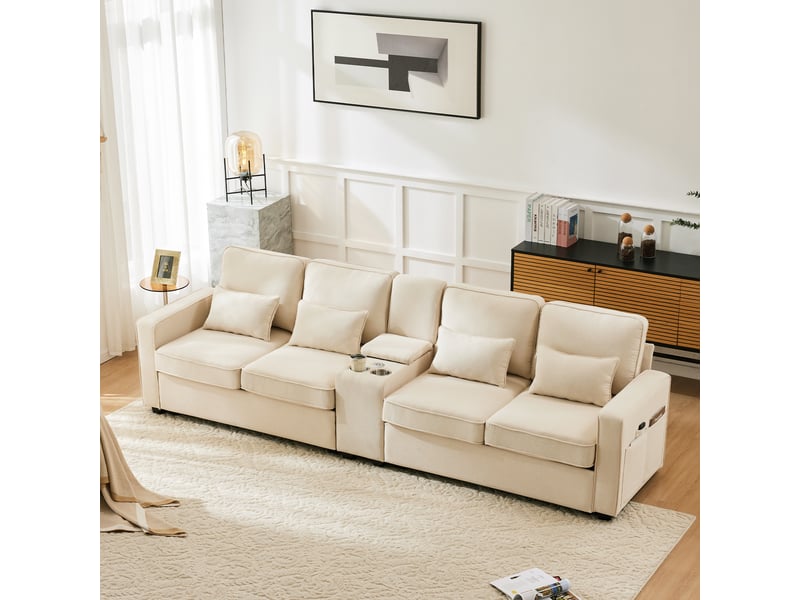 Canapé 4 places, canapé de salon — avec accoudoirs, en lin, porte-gobelets, port usb  - Conforama C