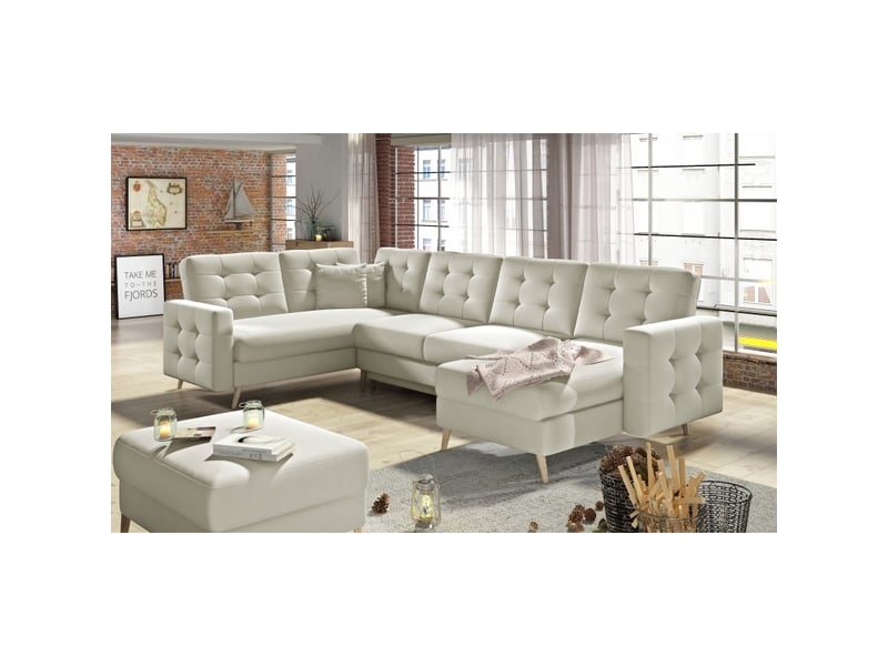  Canapé d'angle panoramique convertible hasgard u 326 cm crème avec coffre  - Conforama B