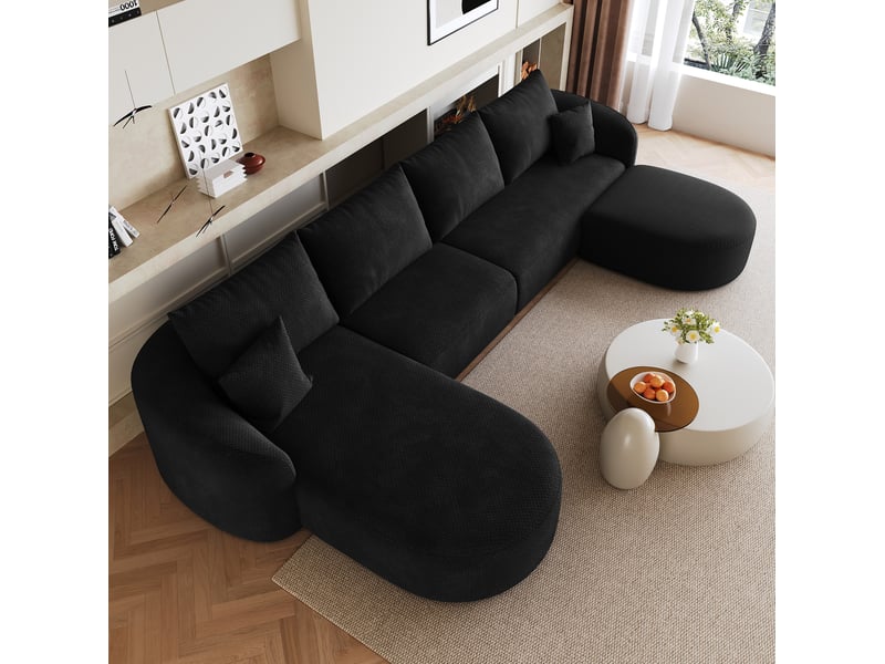 Canapé d’angle panoramique en u 6 places en chenille noire 336x168x85 cm - Conforama D