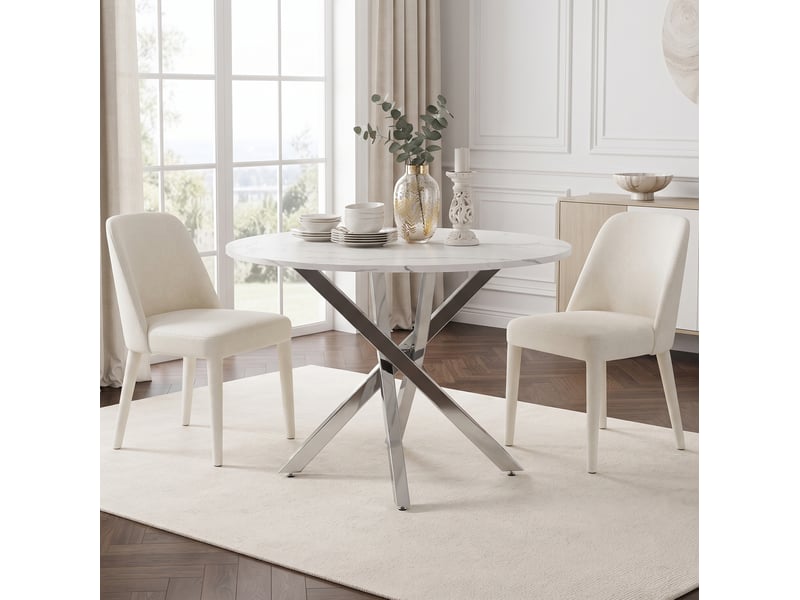  Table de salle à manger ronde avec piètement croisé, plateau effet marbre, en mdf et métal, blanc et argenté, diamètre 80 cm  - Conforama C