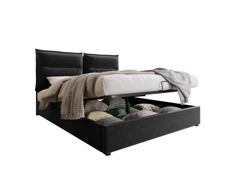  Lit coffre double 140 x 200 cm noir en velours avec matelas, tête de lit réglable  - Conforama A