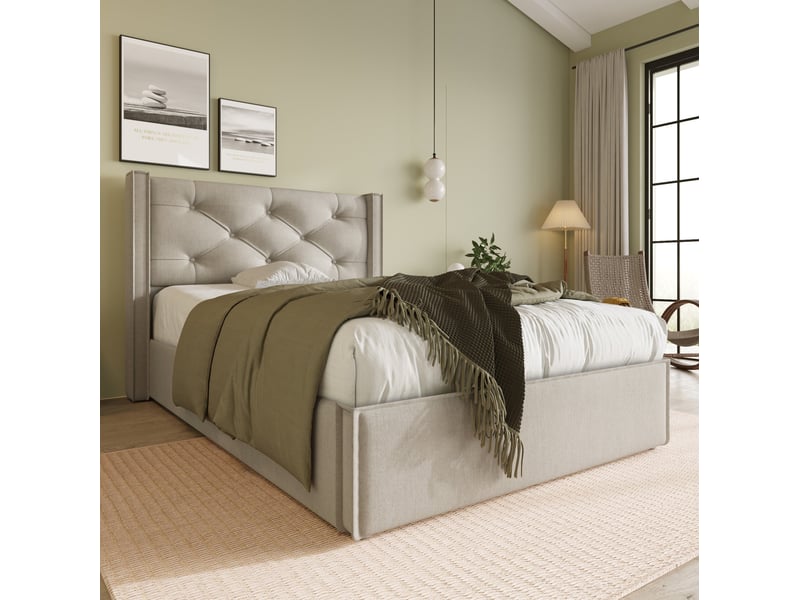  Lit coffre 90 × 200 cm 1 place avec rangement hydraulique et tête rembourrée, matelas inclus, coton gris clair  - Conforama C