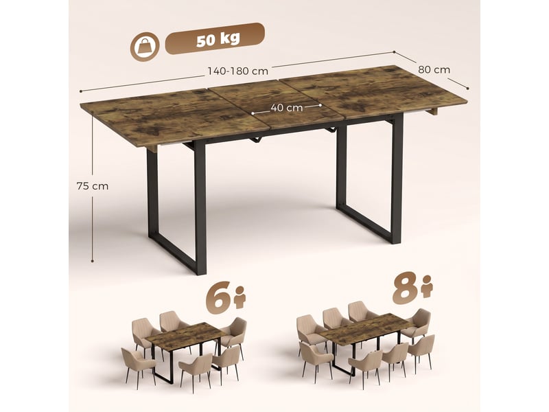  Table de salle à manger extensible 140-180 cm pour 6 à 8 personnes, rectangulaire, style industriel, avec structure en acier et revêtement imitation bois tigré.  - Conforama E