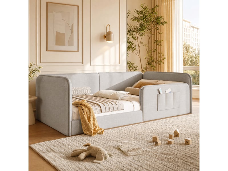  Lit plateforme 90x200 cm cadre rembourré, sécurité tout autour, poches latérales, mdf et lin beige sans matelas  - Conforama B