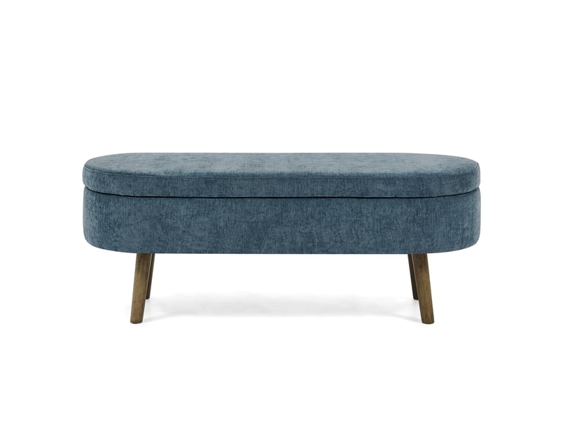  Banc coffre de rangement ovale 20 l en chenille et bois bleu 110 x 40 x 42 cm  - Conforama A