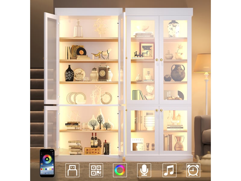  Lot de 2 vitrines 80 x 40 x 180 cm - avec led multicolore, portes vitrées, étagères réglables, anti-basculement, blanc  - Conforama B