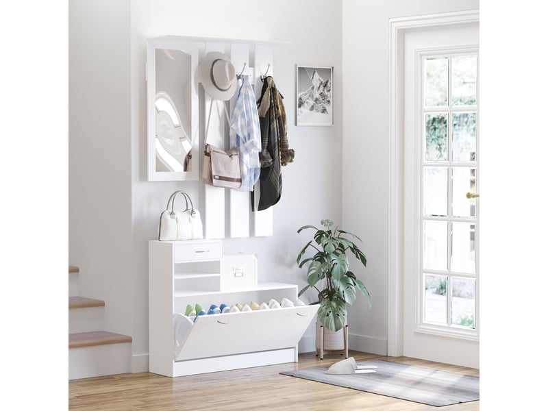  Ensemble entrée 2 pièces miroir, porte-manteau et rangement chaussures, 6 crochets, étagères, tiroir abattant, blanc  - Conforama D