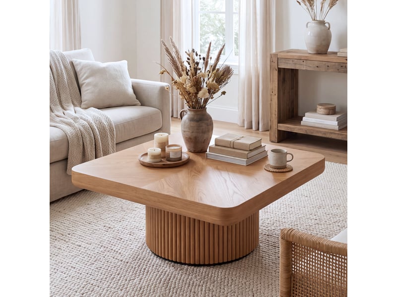 Table basse carrée à plateau façon parquet et pied central bois naturel 78 × 78 × 38 cm IKSETERA TRADING LTD - Conforama B