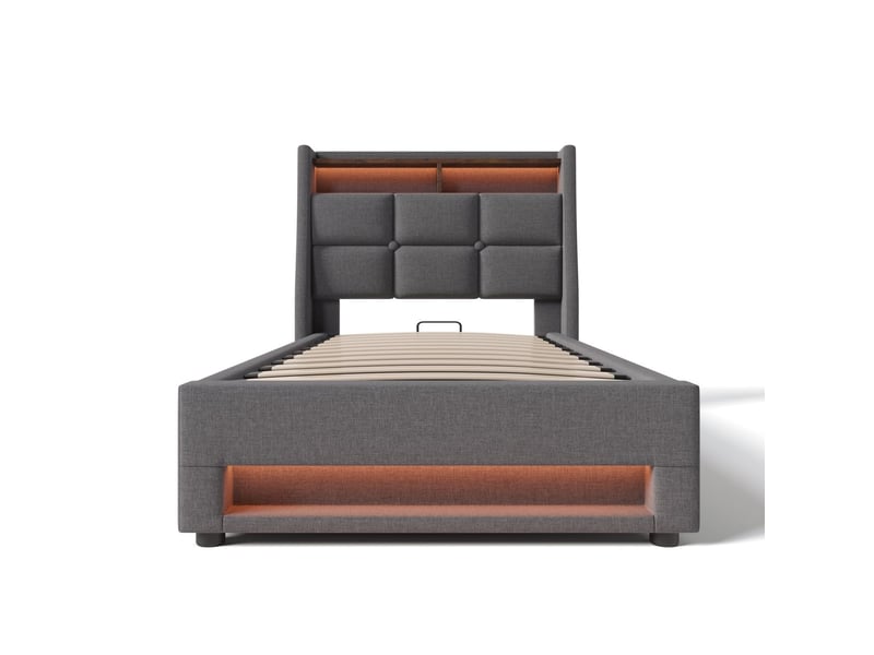  Lit simple 90 x 200 cm port usb éclairage led cadre métal revêtement en lin matelas inclus  - Conforama B