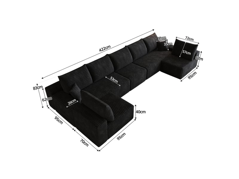  Canapé d’angle panoramique tcqpz modulable 7 places 425 x 165 x 83 cm assise profonde velours côtelé noir  - Conforama C