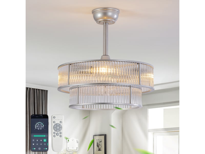 Ventilateur de plafond avec lumière cristal, commande via application et télécommande, 6 vitesses, moteur silencieux, argenté, 50 x 50 x 39 cm - Conforama B