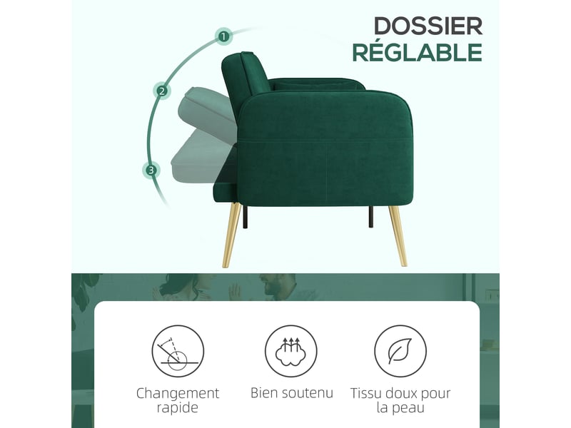  Canapé convertible 2 places canapé-lit canapé clic-clac en tissu velours avec réglable dossier, vert foncé  - Conforama E