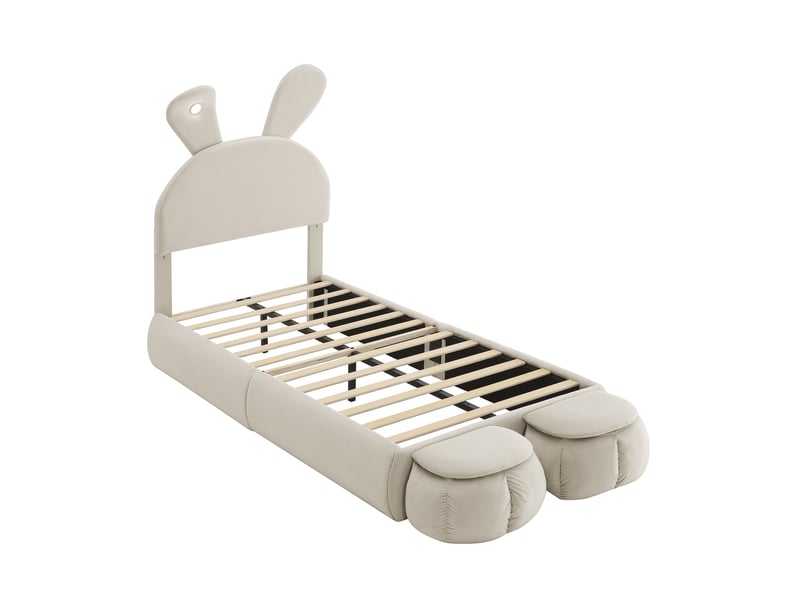  Lit tapissier enfant 90x200cm, oreilles lapin, led chaude réglable, 2 tabourets rangement, lattes bois, velours beige  - Conforama W