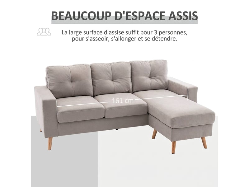 Canapé d'angle réversible 3 places en l 193 x 136 cm - tissu effet lin gris clair - Conforama R