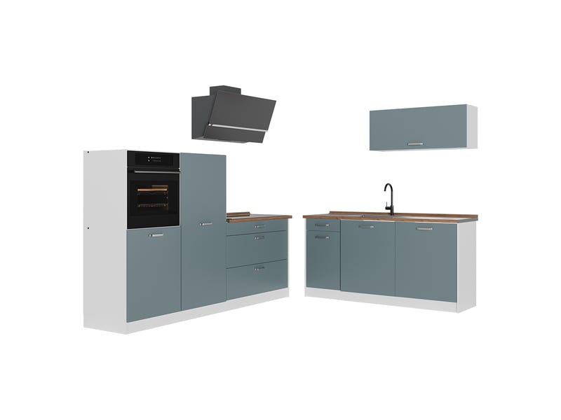  Vicco cuisine, bleu-grisblanc, 220cm plan de travail chêne doré  - Conforama A
