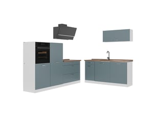 Vicco cuisine, bleu-grisblanc, 220cm plan de travail chêne doré