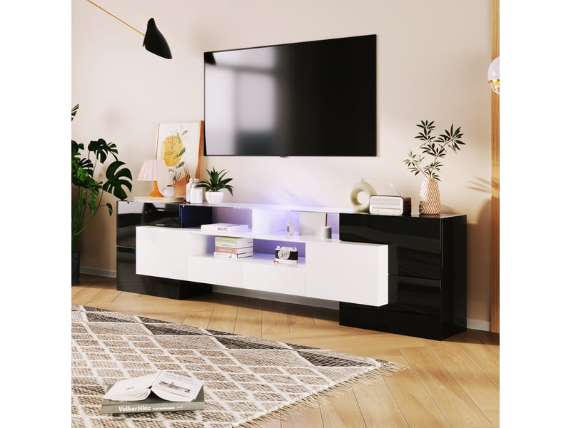  Meuble tv 200 x 35 x 60 cm, led, 4 portes, 2 tiroirs et 3 niches, design graphique, noir et blanc brillant, en mdf, rangement pour salon CARDUME ESTIVAL - Conforama D